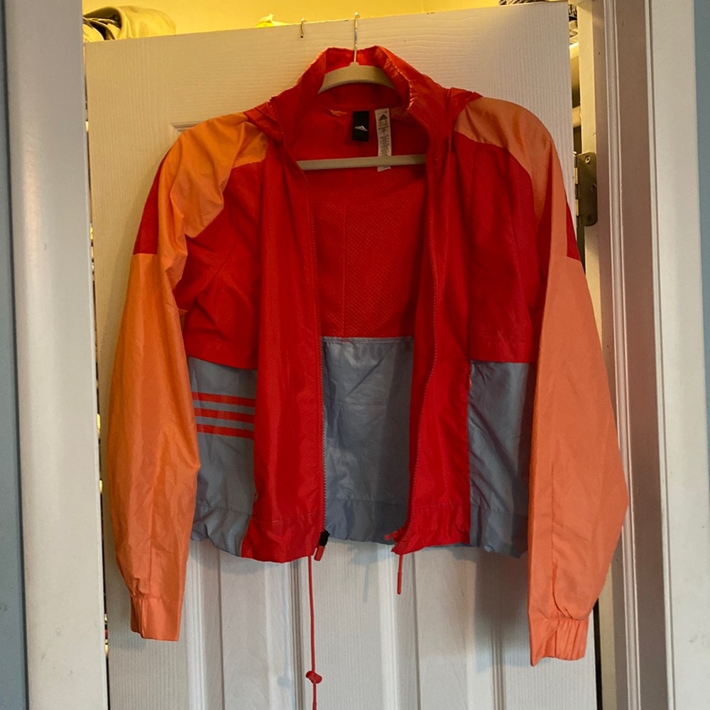 Adidas wind/rain jacket, size XS, red/pink/turquoise